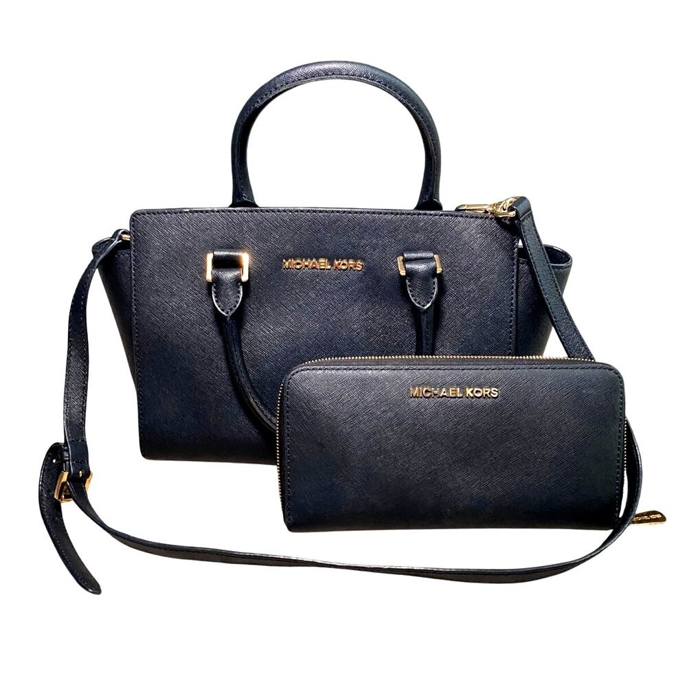 MICHAEL KORS - Saffiano purse and wallet set - black and gold